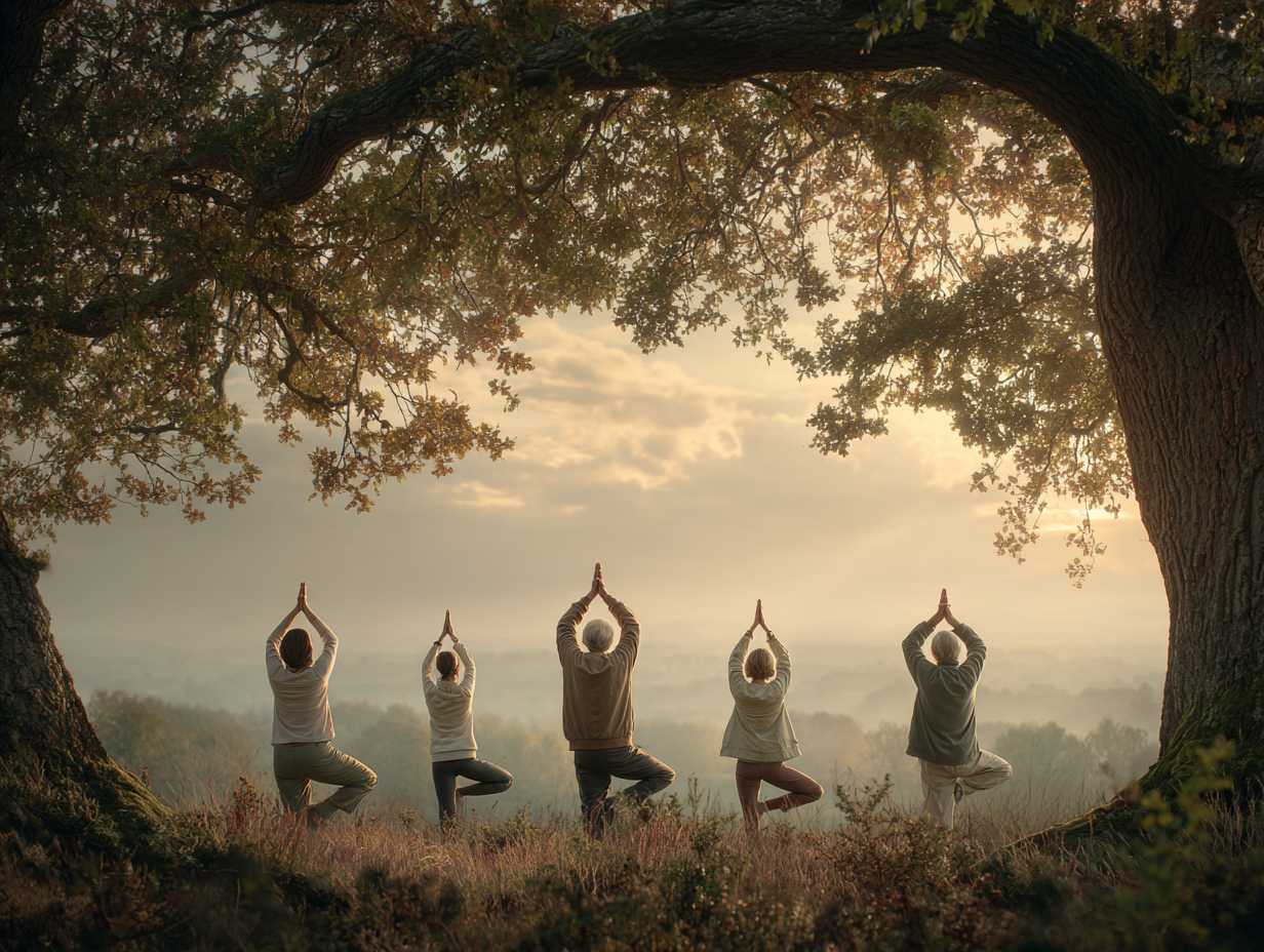 Жінка різного віку практикує йогу на природі